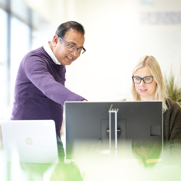 Man and woman discussing business on a computer